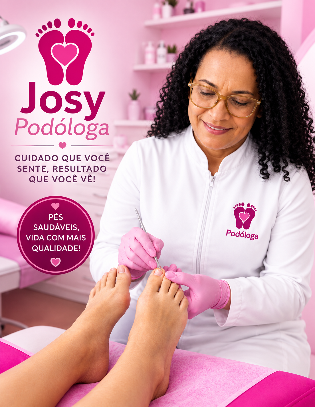 Josy, podóloga, realizando atendimento de cuidado das unhas dos pés
